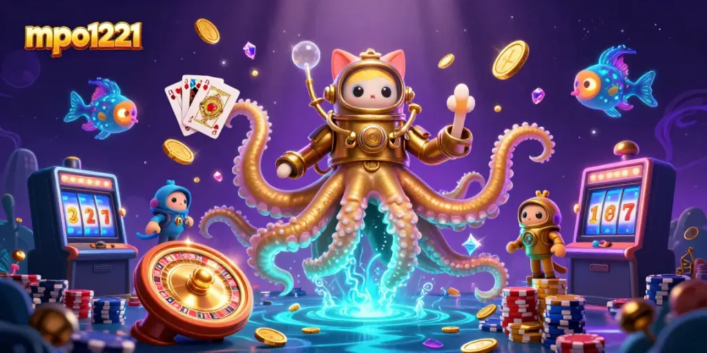 Play thrilling games with mpo1221 featuring a colossal kraken and vibrant casino elements.
