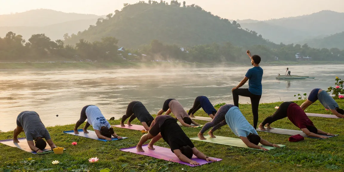 Yoga teacher training in Rishikesh with diverse students practicing poses by the Ganges River at sunrise.