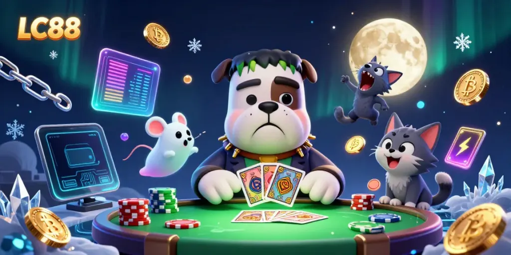LC88 shows off a thrilling casino scene with unique characters, neon crypto coins, and captivating gameplay.