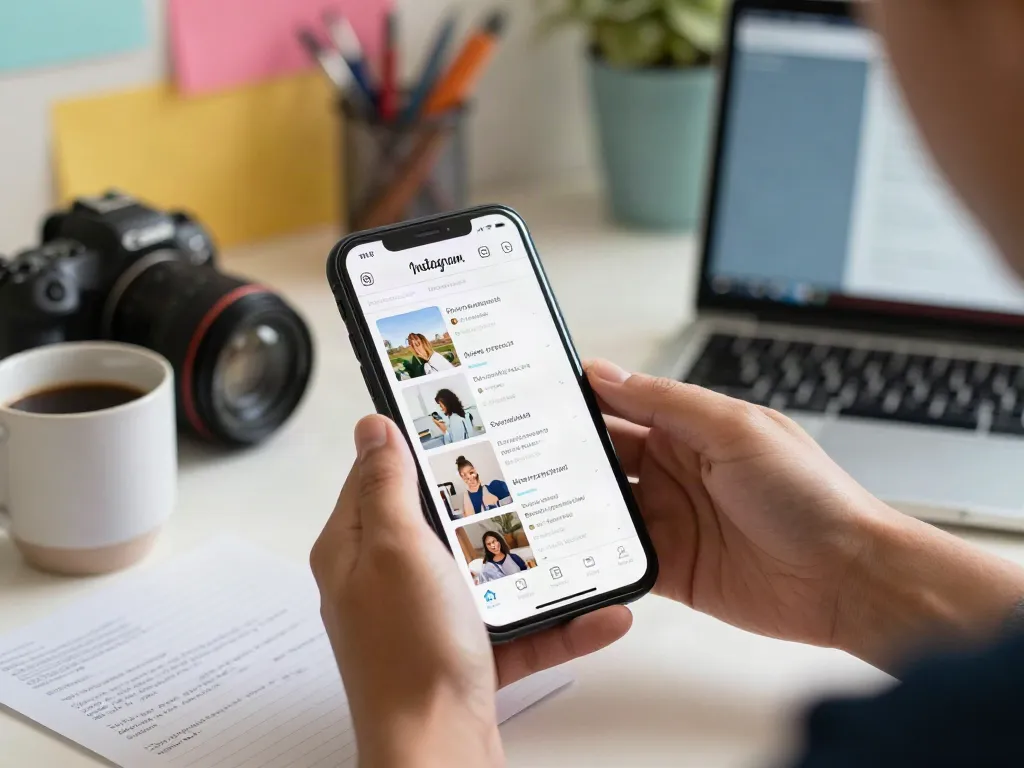 Engaging user browsing Instagram stories anonymously with Insanony on a smartphone in a vibrant home office.
