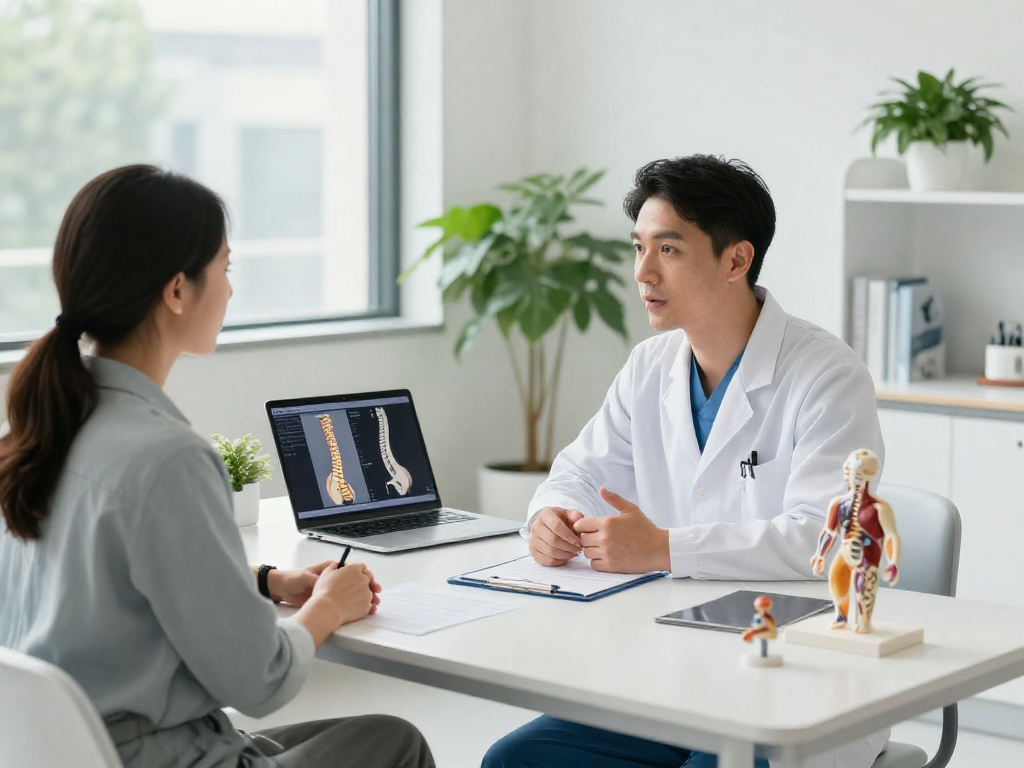 Consultation about bel fıtığı ameliyatı in a modern clinic, showcasing a patient and surgeon.