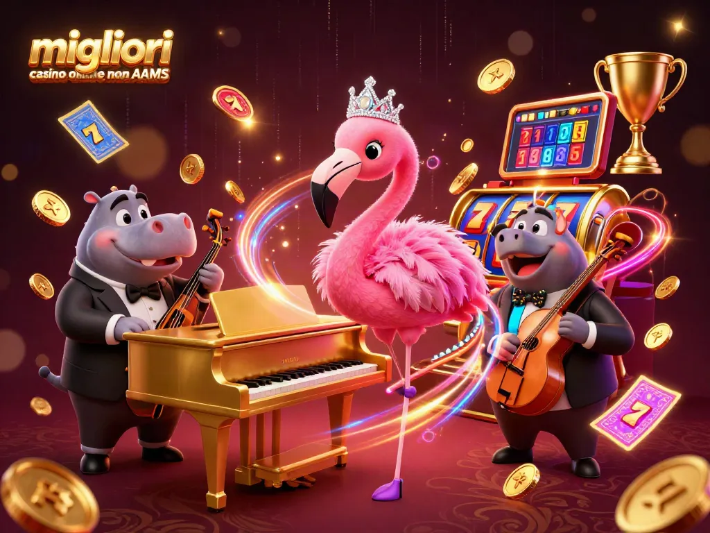 Migliori casino online non AAMS: vivace illustrazione 3D con un cantante e un bassista in un ambiente casinò ricco di elementi di gioco.