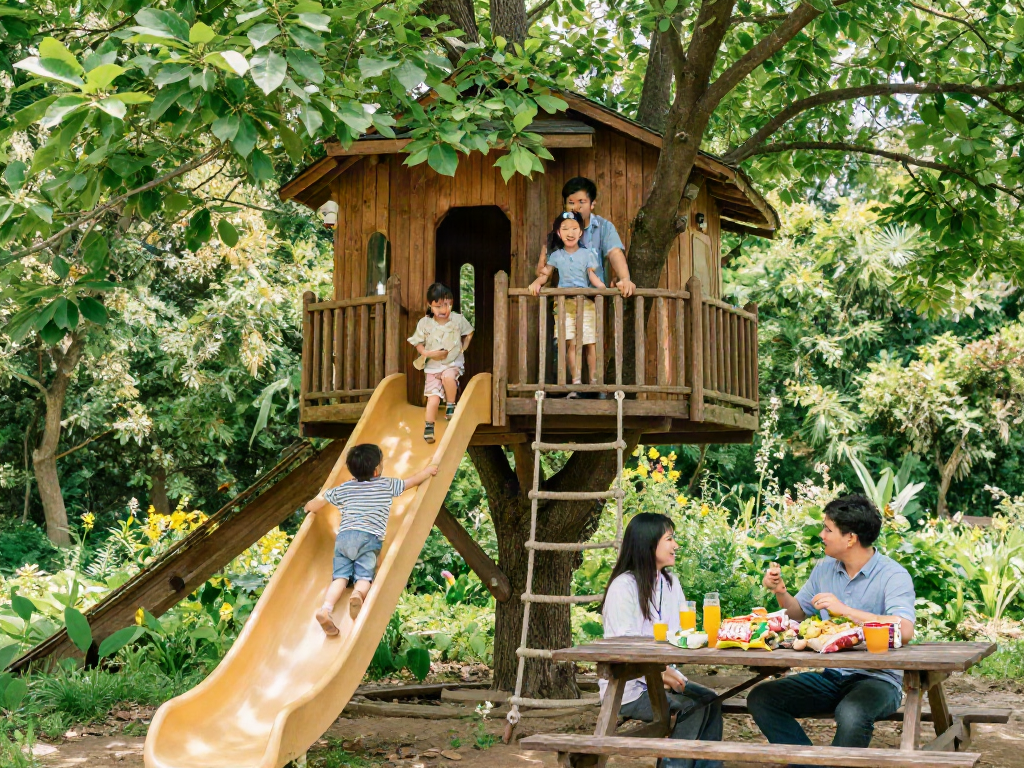 Enjoying a sunny day in a vibrant tree house, showcasing tree house life with family fun and laughter.