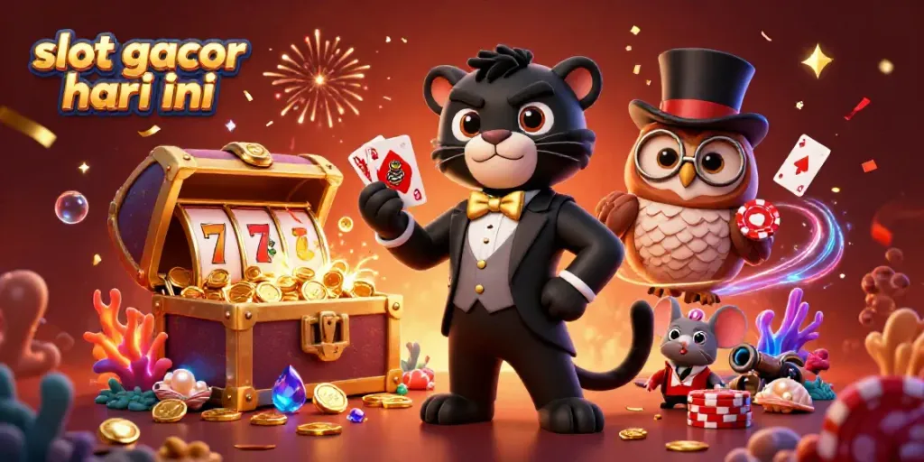 Spin the reels of slot gacor hari ini with a lucky dynamic scene featuring playful characters and treasure.