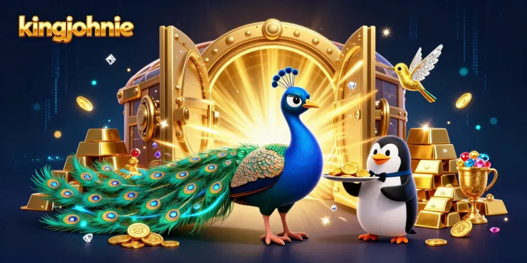 Experience thrilling wins at kingjohnnie casino through a dynamic illustration of vibrant characters and treasures.