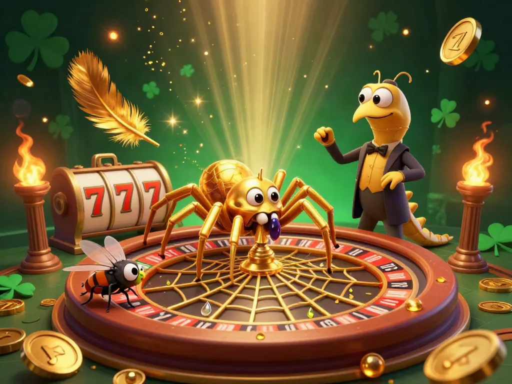 Engage with situs slot gacor terpercaya while the golden spider spins a roulette wheel web, showcasing vibrant gambling elements.