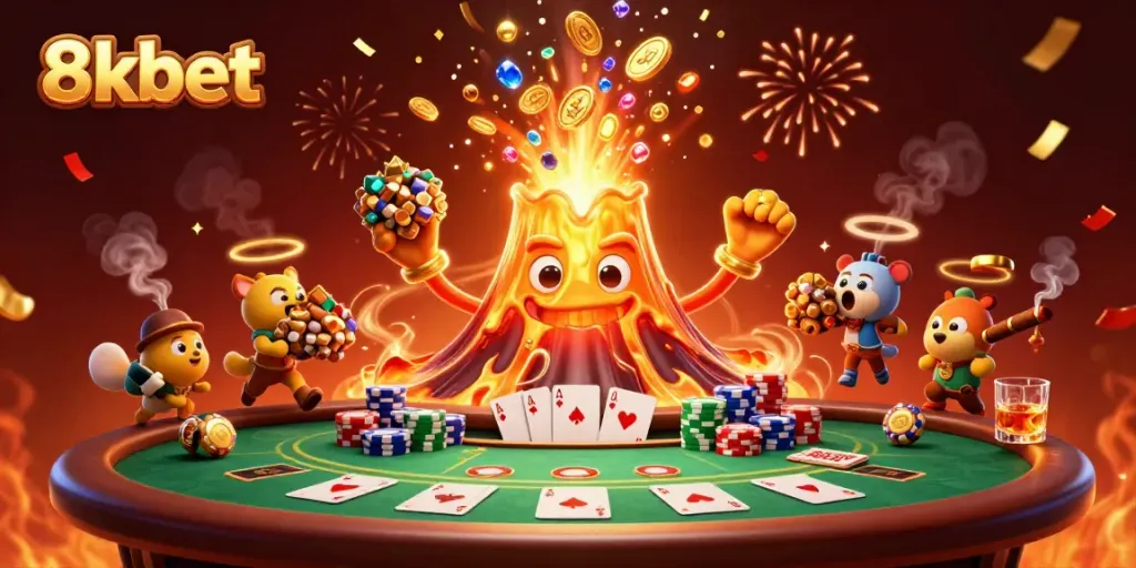 Experience the thrill of 8xbet with a vibrant scene featuring an erupting golden volcano and treasures!
