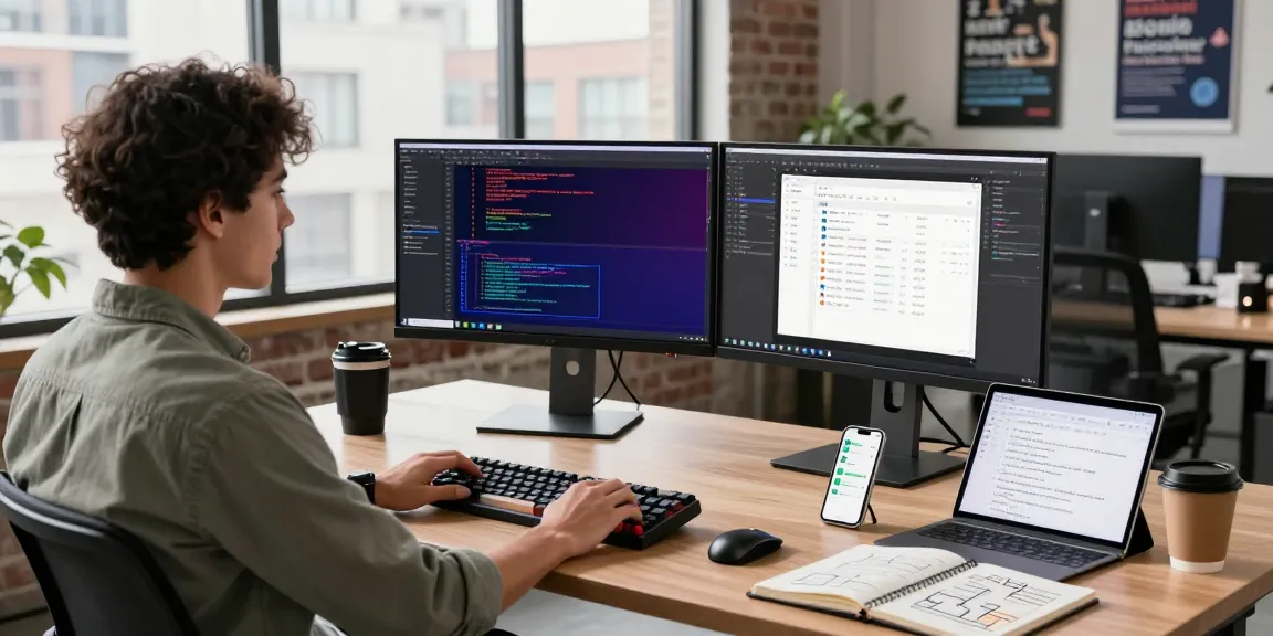 快连 software developer workspace with dual monitors coding, laptop, coffee, and natural light atmosphere.