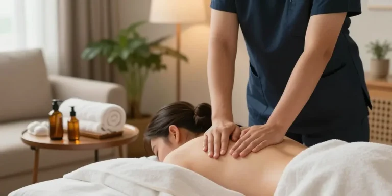 사당출장마사지 전문 관리사가 아늑한 거실에서 고객에게 편안한 마사지를 제공하는 장면