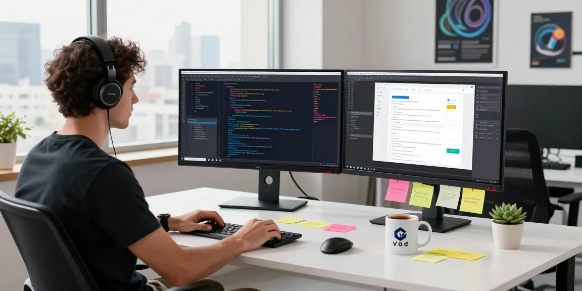 Depici Media software development workspace featuring a developer engaged with code on dual monitors and laptop in an innovative tech atmosphere.