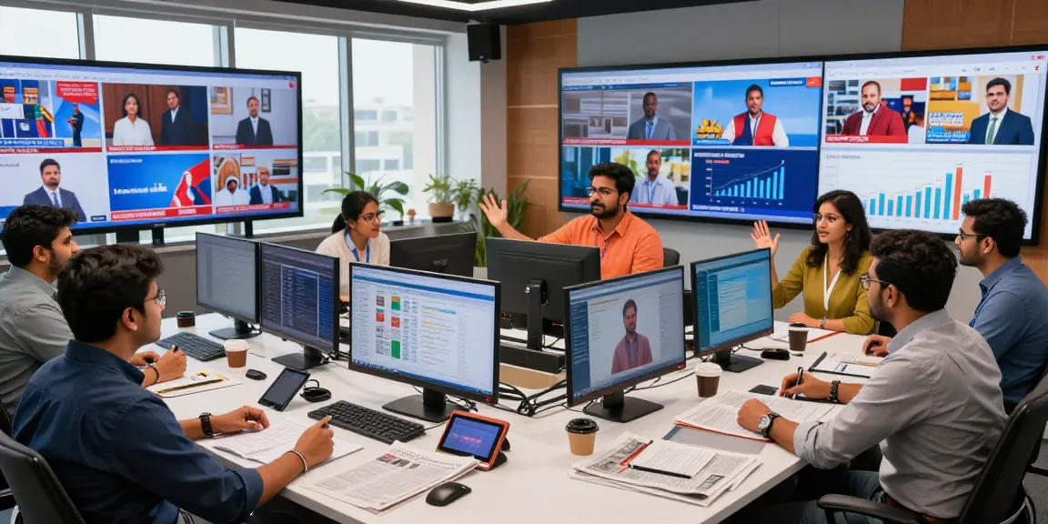 Engaged journalists analyzing breaking news at https://www.theindaily.com in a vibrant newsroom.