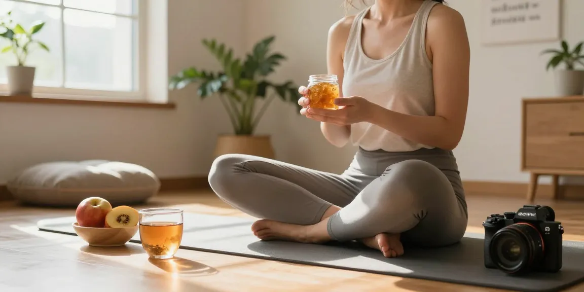 Calm morning scene featuring pure shilajit resin for wellness, with fresh fruits and herbal teas.